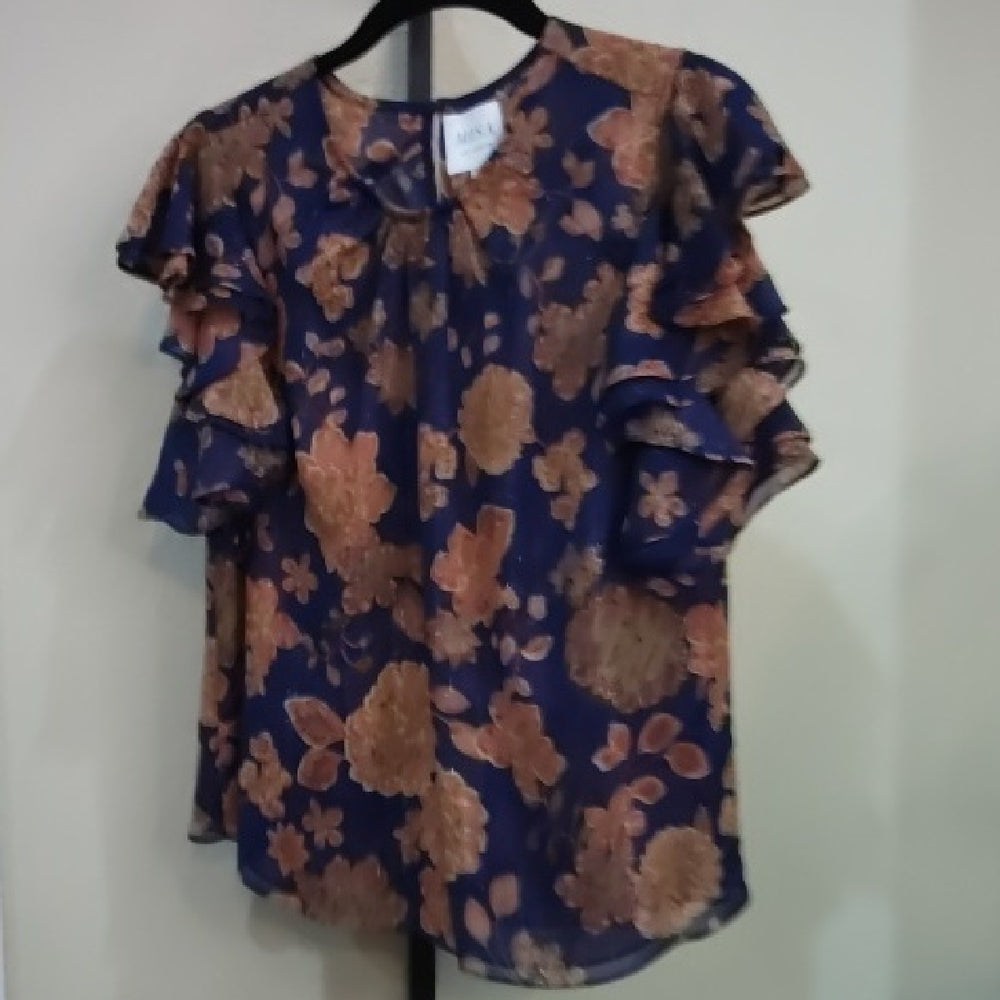 NWT SIZE XS Mango Blue and Orange Flutter Sleeve Blouse