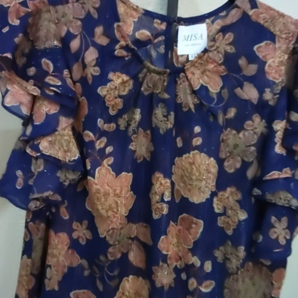 NWT SIZE XS Mango Blue and Orange Flutter Sleeve Blouse
