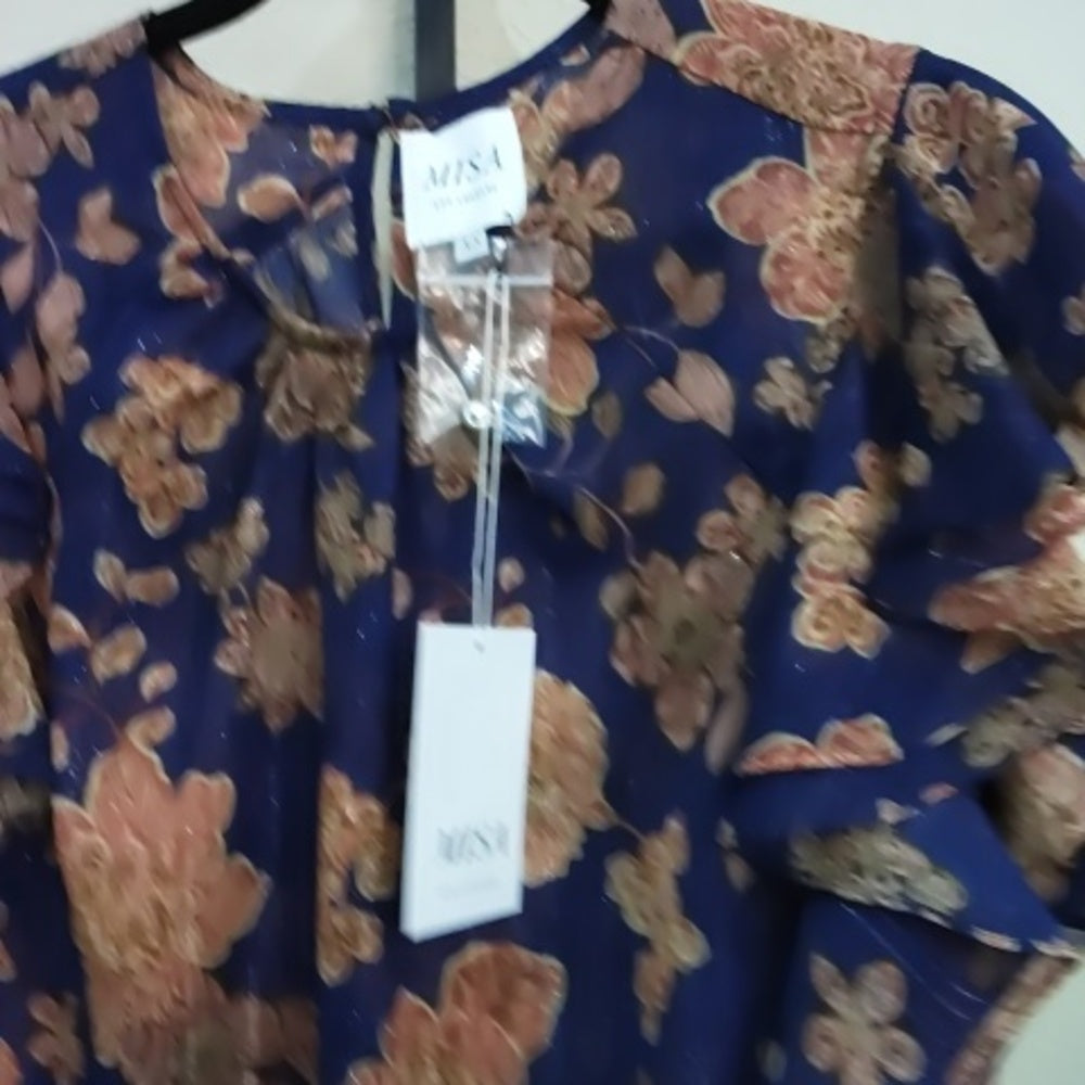 NWT SIZE XS Mango Blue and Orange Flutter Sleeve Blouse