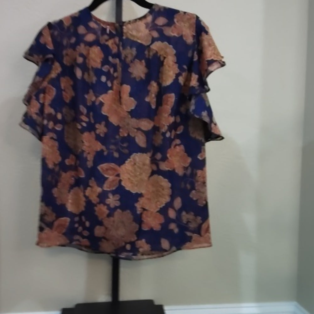 NWT SIZE XS Mango Blue and Orange Flutter Sleeve Blouse