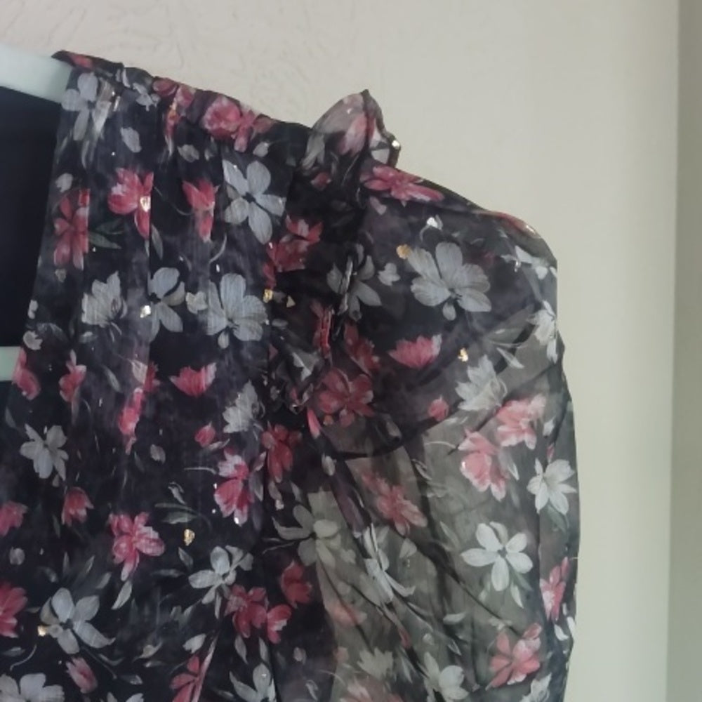 SIZE XS Floral Black and Pink Sheer Top