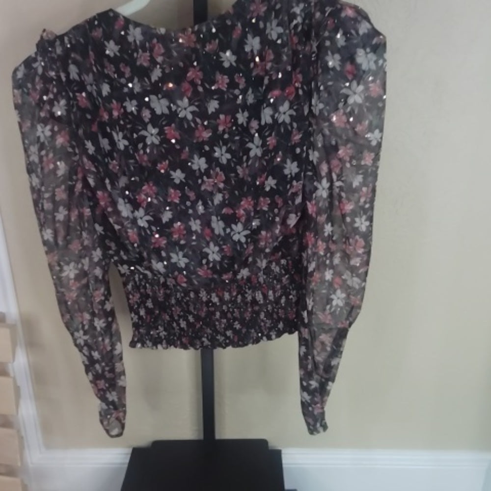 SIZE XS Floral Black and Pink Sheer Top