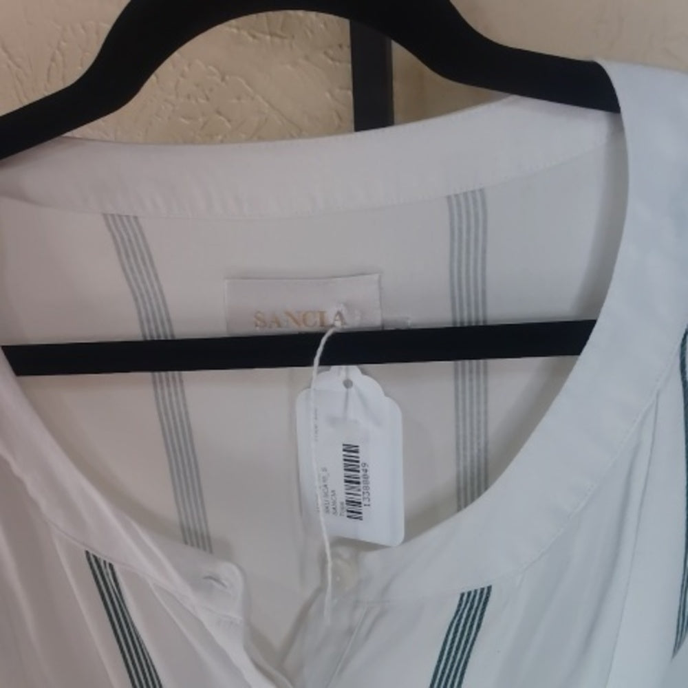 SIZE S Green and White Long Sleeve Crop Blouse with Tie Front