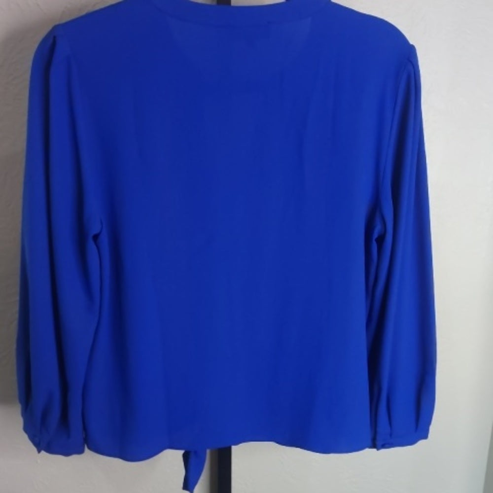 1. State Blue Tie Front Mandarin Collar Blouse