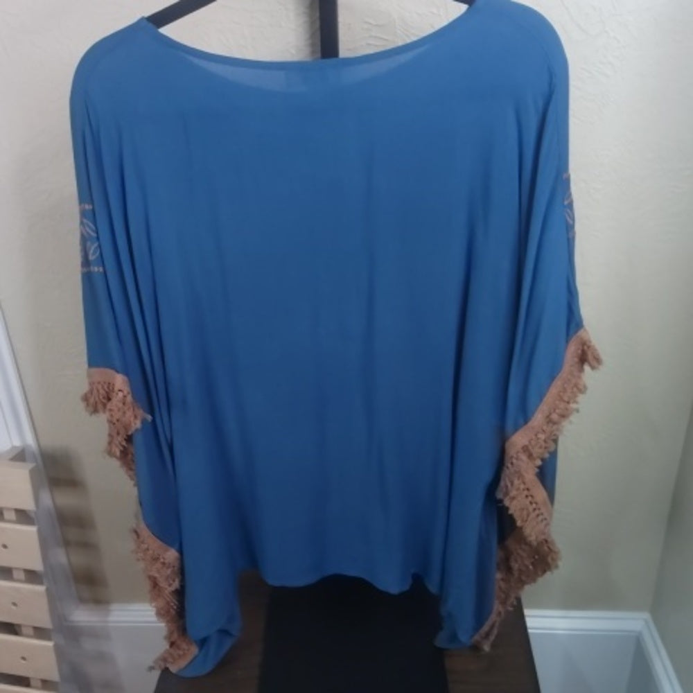 Elegant Blue Poncho with Tan Embroidery