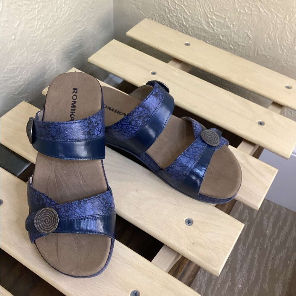 New Size 6.5 Romika Blue Sandals with Wide Straps and Metallic Embellishment