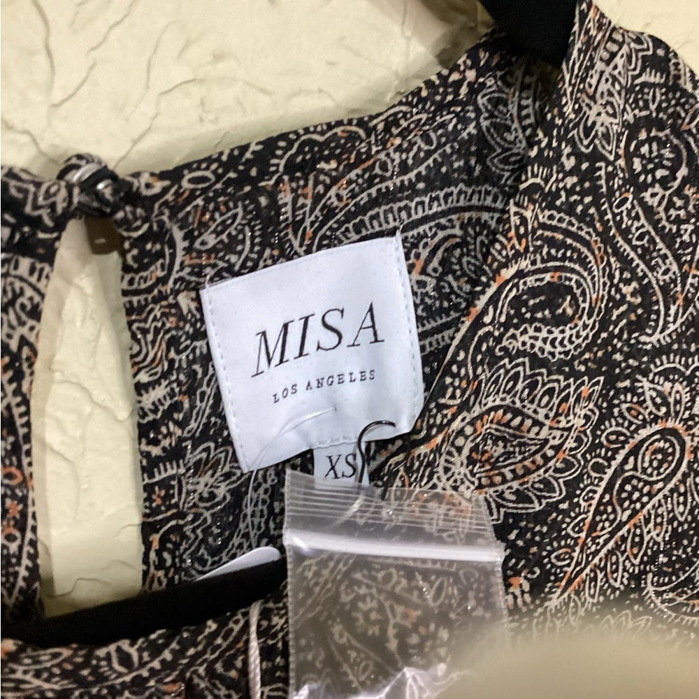 NWT SIZE XS/S Misa Los Angeles Black and Gold Tiered Ruffled Sundress