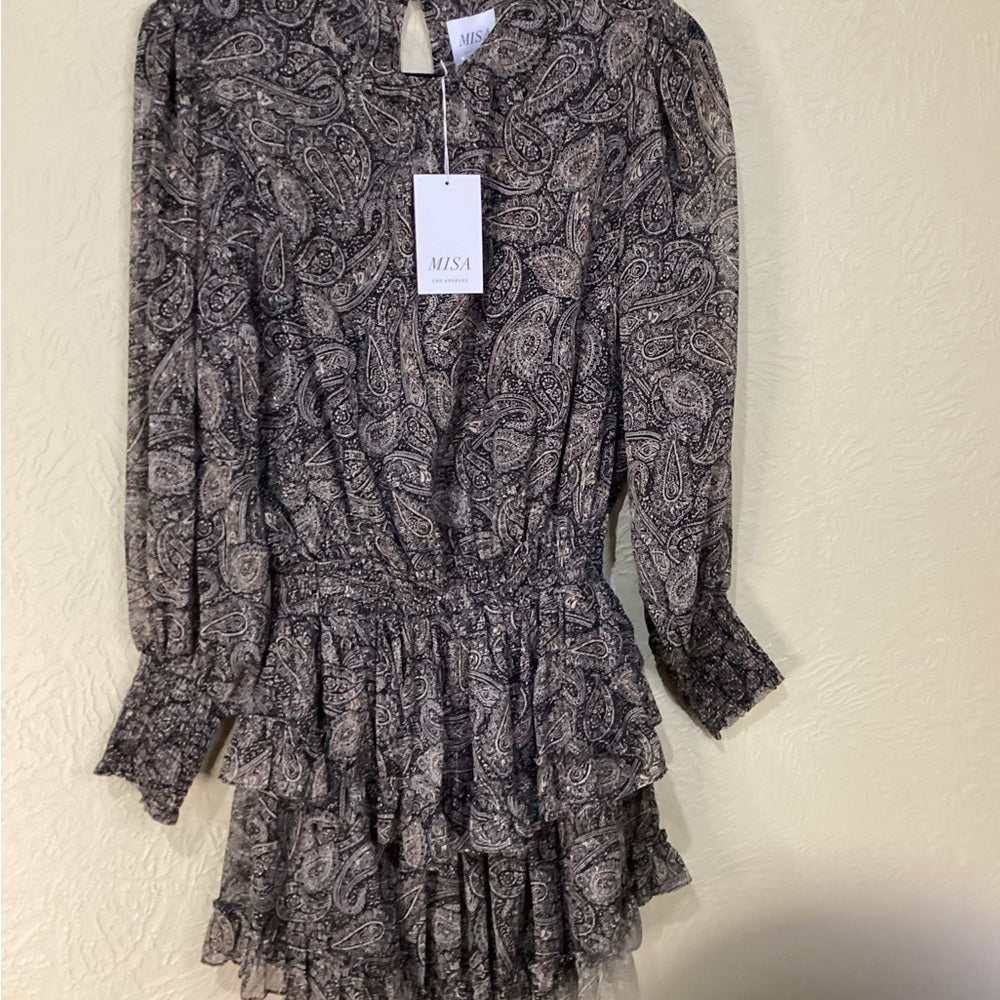 NWT SIZE XS/S Misa Los Angeles Black and Gold Tiered Ruffled Sundress