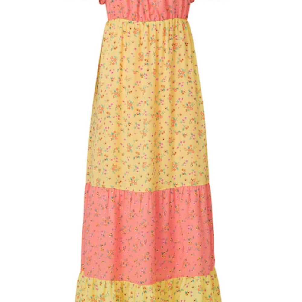 SIZE 10 Pink and Yellow Ruffled Tiered Midi Sundress