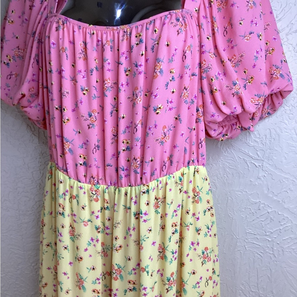 SIZE 10 Pink and Yellow Ruffled Tiered Midi Sundress