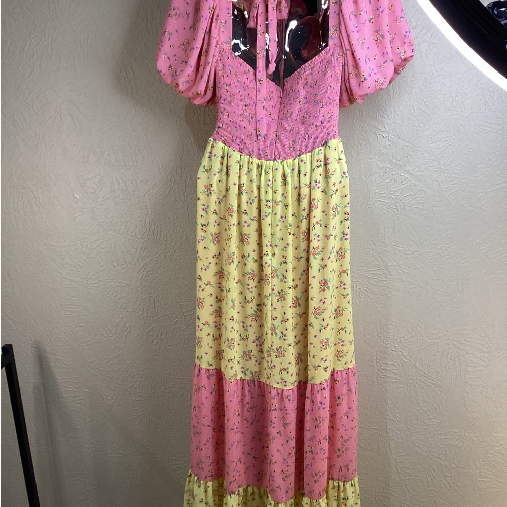 SIZE 10 Pink and Yellow Ruffled Tiered Midi Sundress