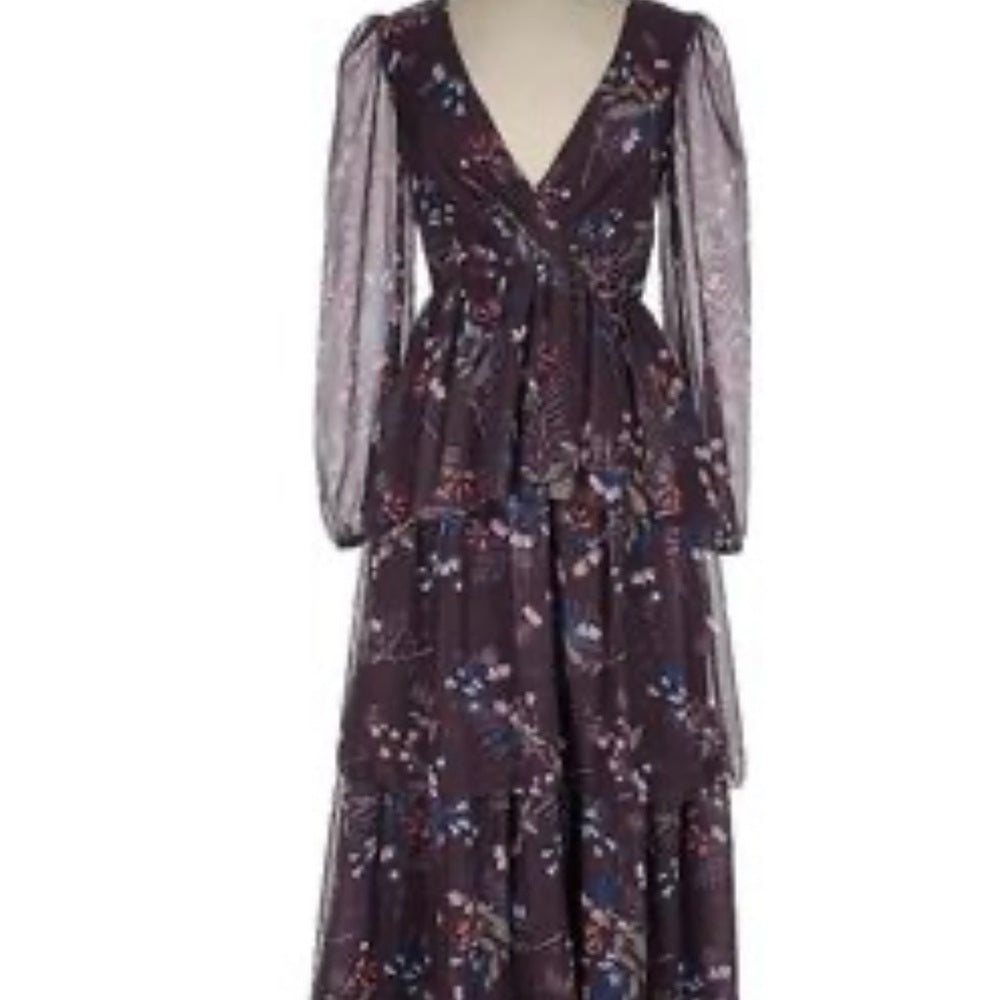 SIZE 14 Mac Duggal Purple Ruffled Tiered Long Sleeve Dress
