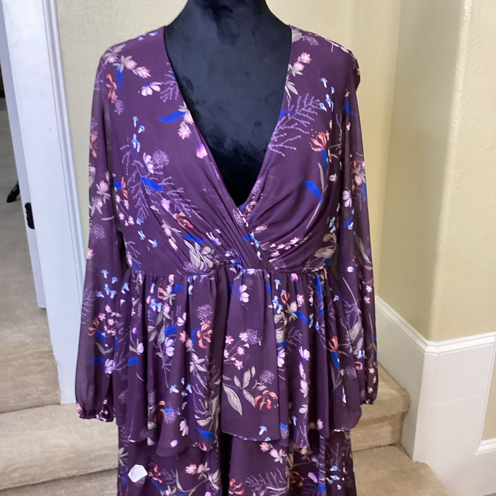 SIZE 14 Mac Duggal Purple Ruffled Tiered Long Sleeve Dress