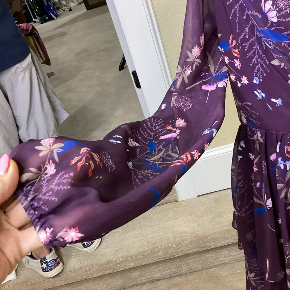 SIZE 14 Mac Duggal Purple Ruffled Tiered Long Sleeve Dress
