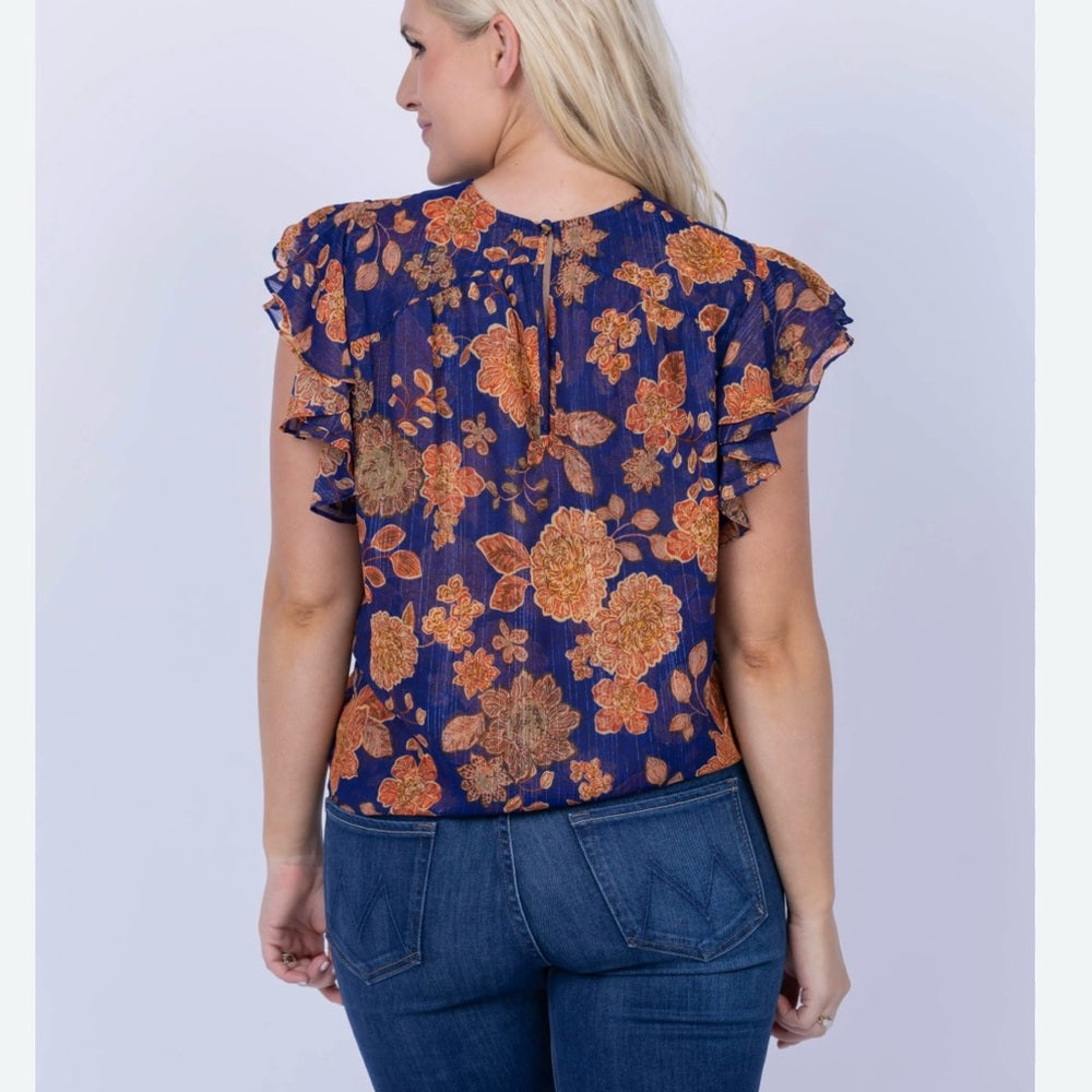 NWT SIZE XS Mango Blue and Orange Flutter Sleeve Blouse