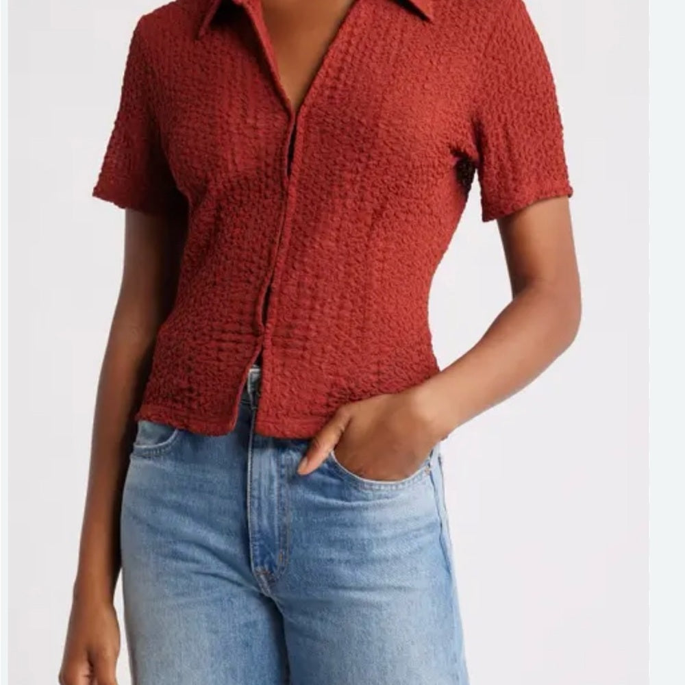 NWT SIZE Small Status Anxiety Red Ribbed Button Down Shirt