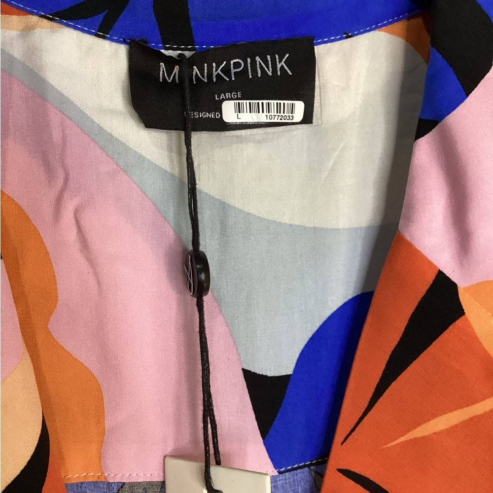 NWT SIZE L MINKPINK Blue and Orange Graphic Button Down Blouse