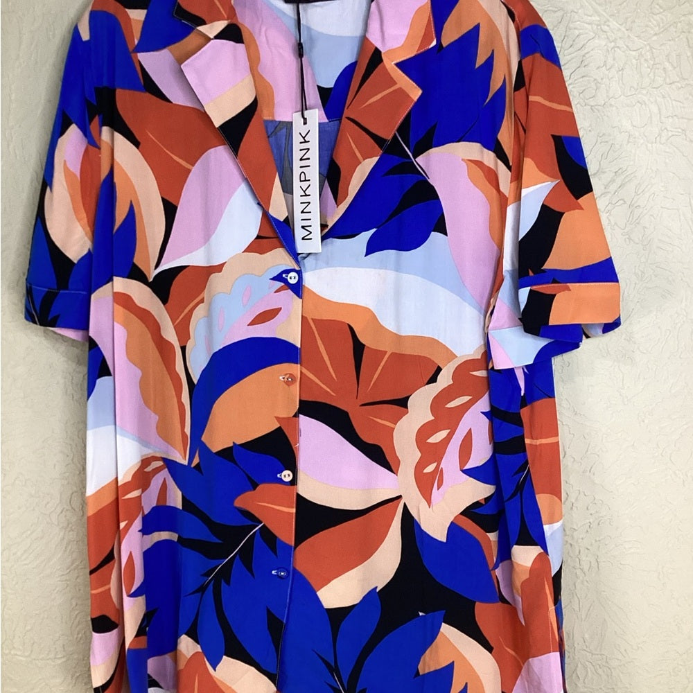 NWT SIZE L MINKPINK Blue and Orange Graphic Button Down Blouse