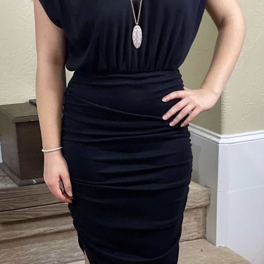NWT SIZE SMALL Line & Dot Black Ruched Asymmetrical Sheath Dress