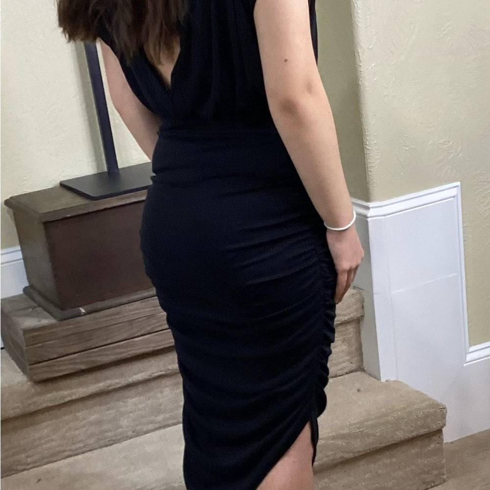 NWT SIZE SMALL Line & Dot Black Ruched Asymmetrical Sheath Dress