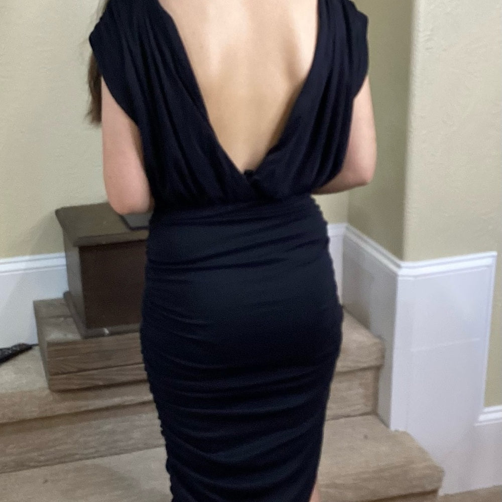 NWT SIZE SMALL Line & Dot Black Ruched Asymmetrical Sheath Dress