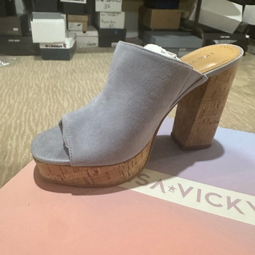 NEW SIZE 7 1/2 Blue and Brown Platform Mules with Cork Heel