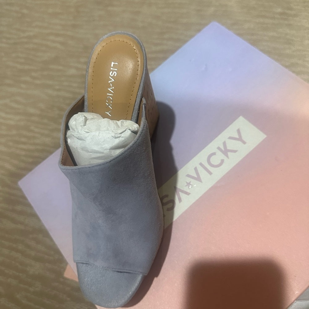 NEW SIZE 7 1/2 Blue and Brown Platform Mules with Cork Heel