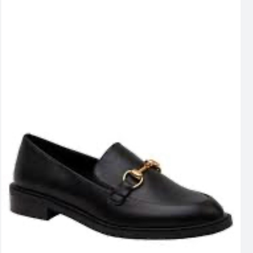 NEW SIZE 10 Black and Gold Leather Loafers with Gold Accent