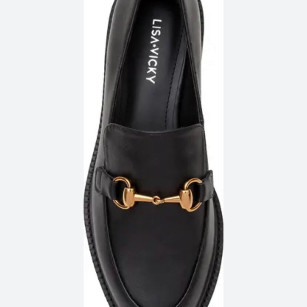 NEW SIZE 10 Black and Gold Leather Loafers with Gold Accent