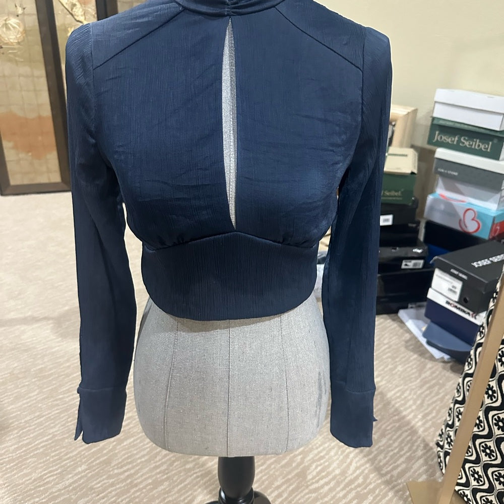 SIZE XS Blue Life Blue Fitted Crop Top with Mandarin Collar