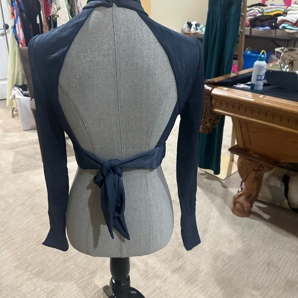 SIZE XS Blue Life Blue Fitted Crop Top with Mandarin Collar