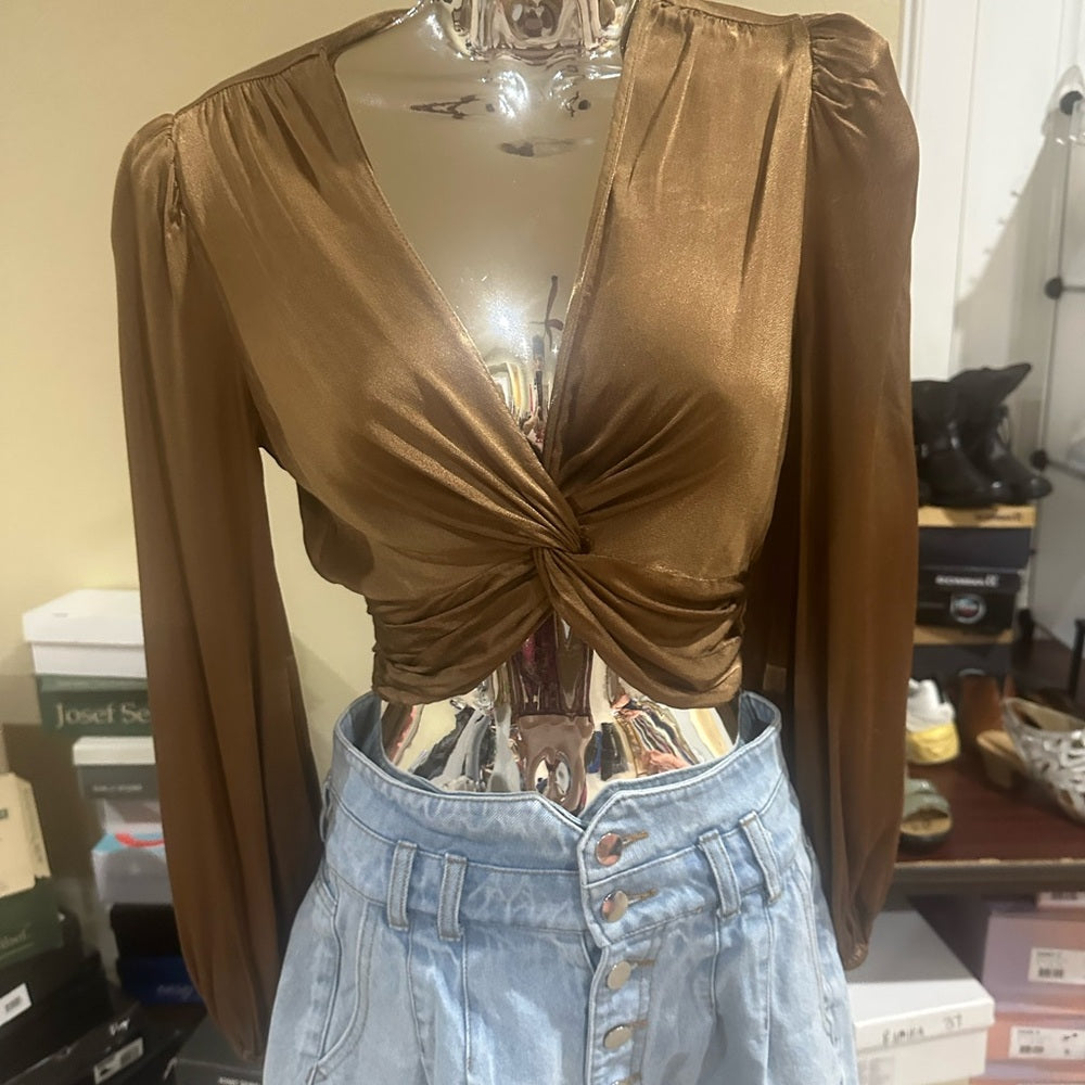 NWOT SIZE XS Astr Brown Puff Sleeve Tie Front Blouse