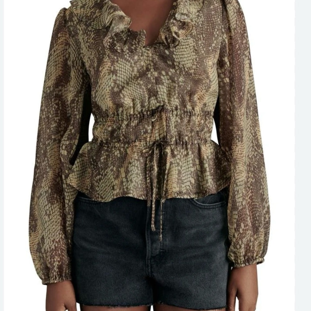 NWOT SIZE M Steve Madden Ruffled Peplum Blouse in Green and Brown