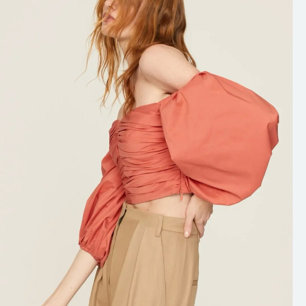 SIZE 4 Tanya Taylor Pink Off-the-Shoulder Ruched Blouse