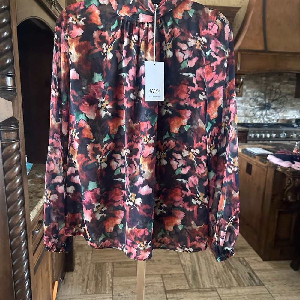 NWT SIZE S Misa Los Angeles Black and Red High Low Mandarin Collar Blouse