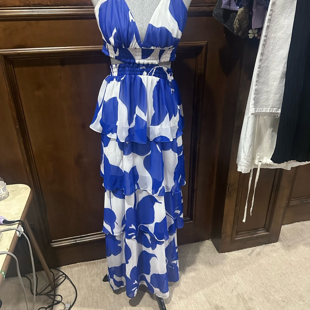 NWT SIZE XS Express Blue and White Tiered Ruffled Maxi Sundress