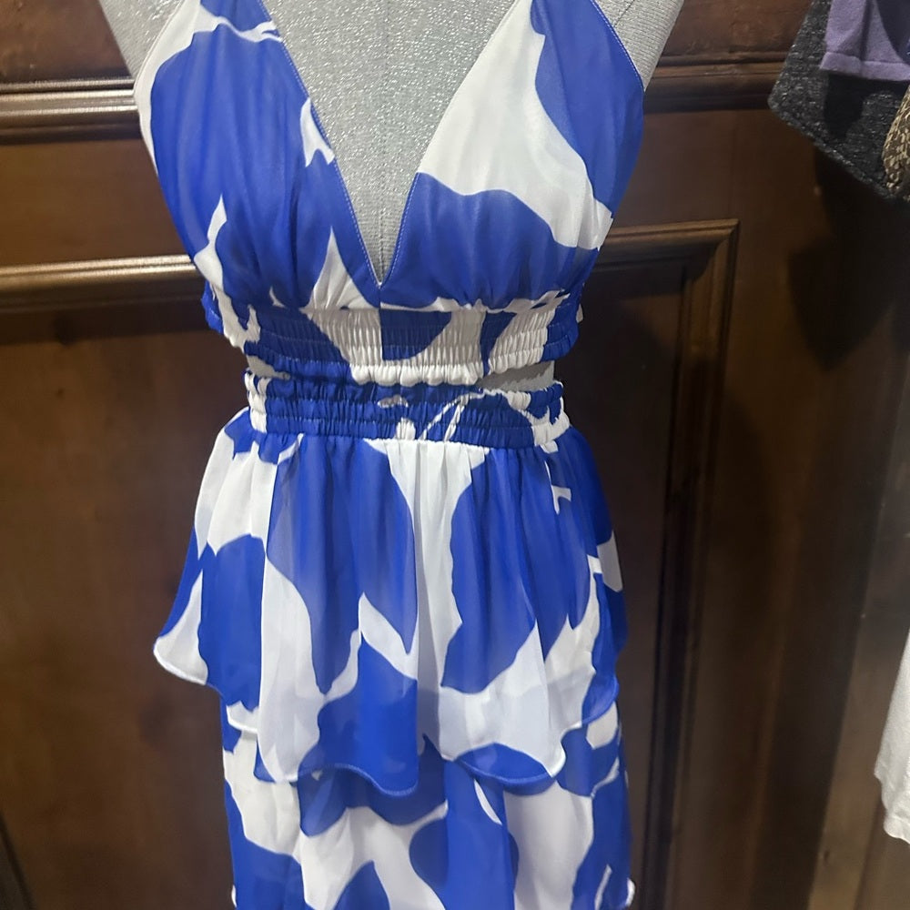 NWT SIZE XS Express Blue and White Tiered Ruffled Maxi Sundress