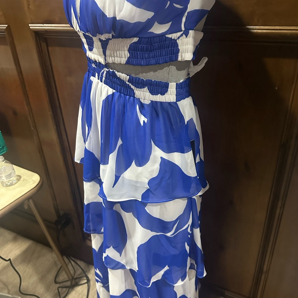 NWT SIZE XS Express Blue and White Tiered Ruffled Maxi Sundress