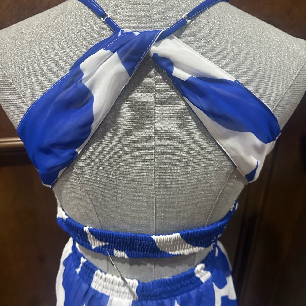 NWT SIZE XS Express Blue and White Tiered Ruffled Maxi Sundress