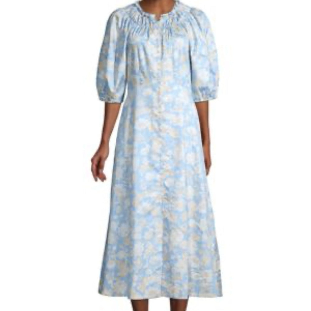 SIZE 14 Rebecca Taylor Blue and White 3/4 Puff Sleeve Dress