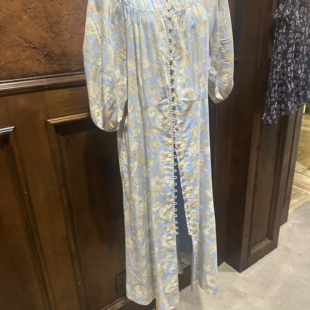 SIZE 14 Rebecca Taylor Blue and White 3/4 Puff Sleeve Dress