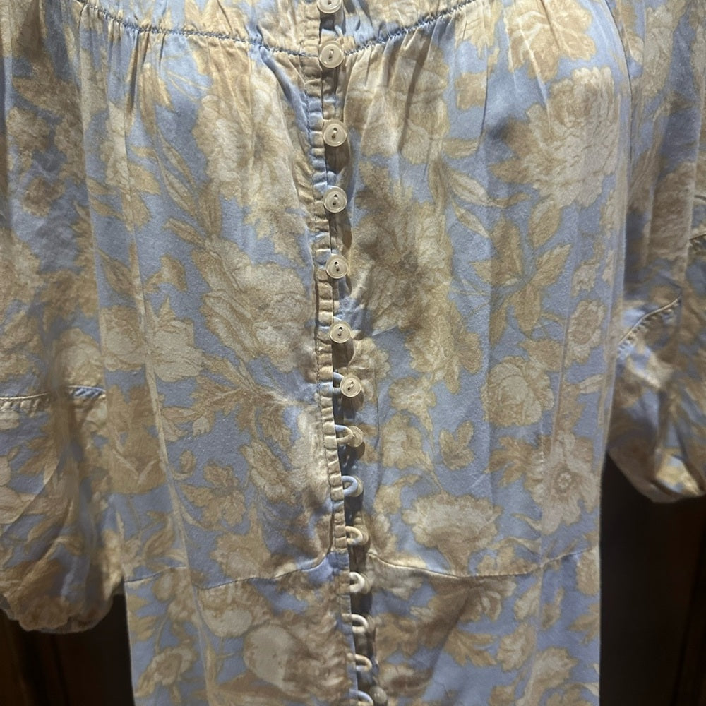 SIZE 14 Rebecca Taylor Blue and White 3/4 Puff Sleeve Dress