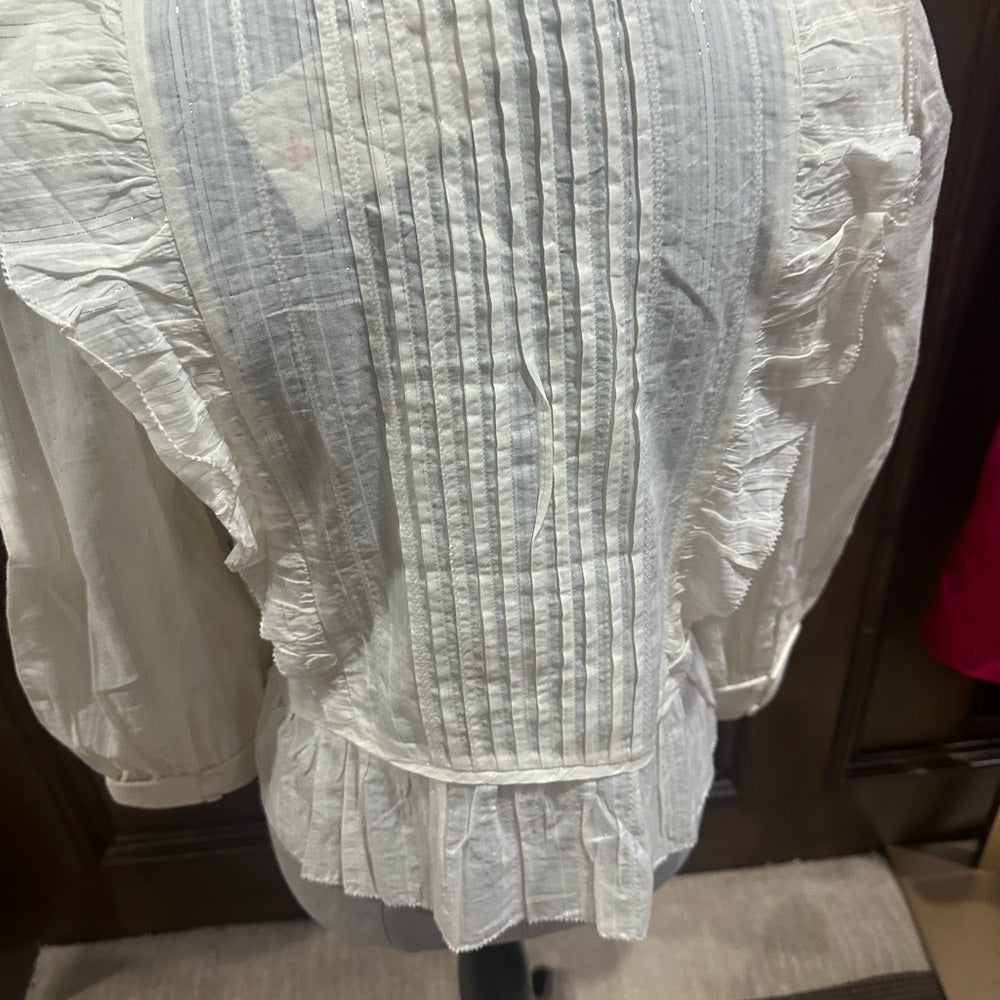 NWT SIZE M Joie Cream Blouse with Puff Sleeves and Ruffled Peplum