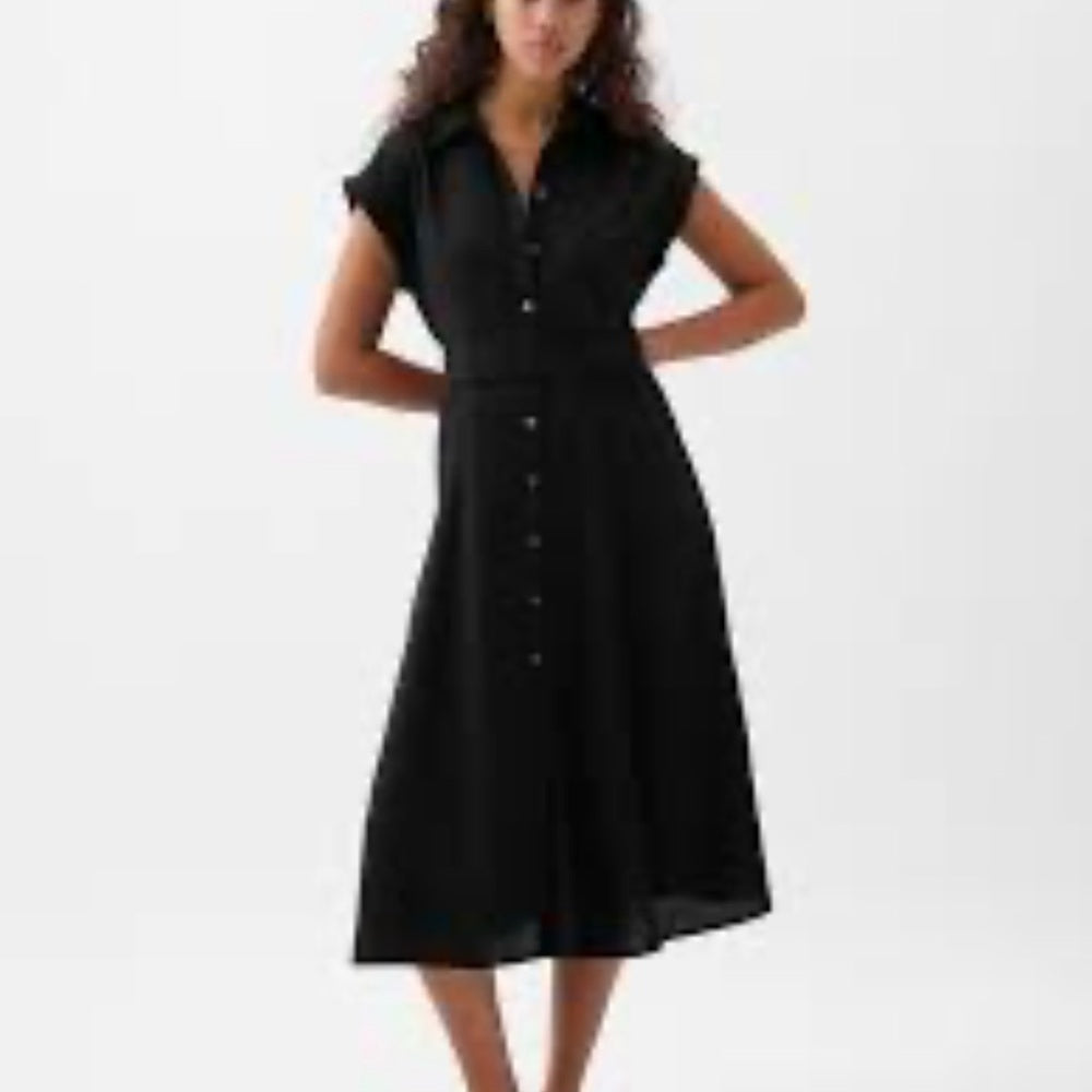 SIZE XS Ramy Brook Black Midi Shirt Dress with Cuffed Sleeves