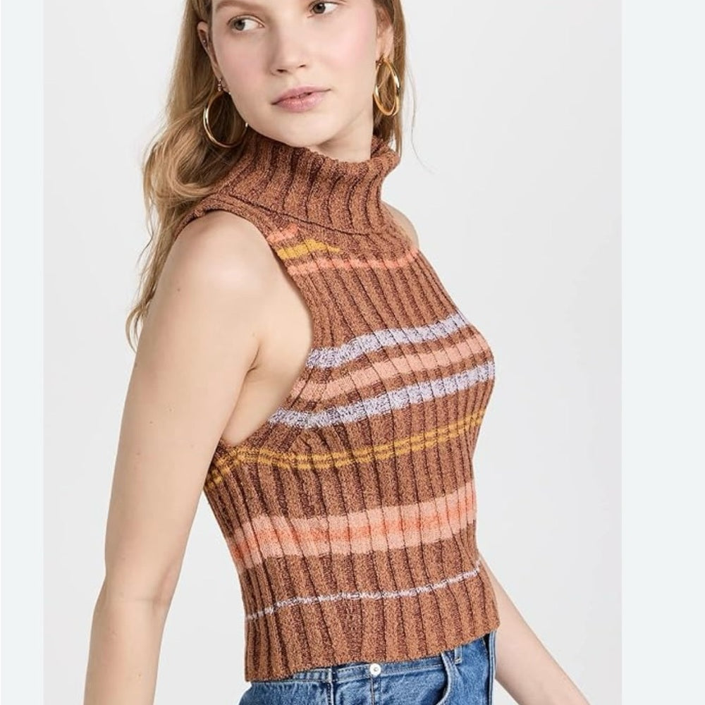 NWOT SIZE XS Free People Pink and Brown Ribbed Turtleneck Sweater