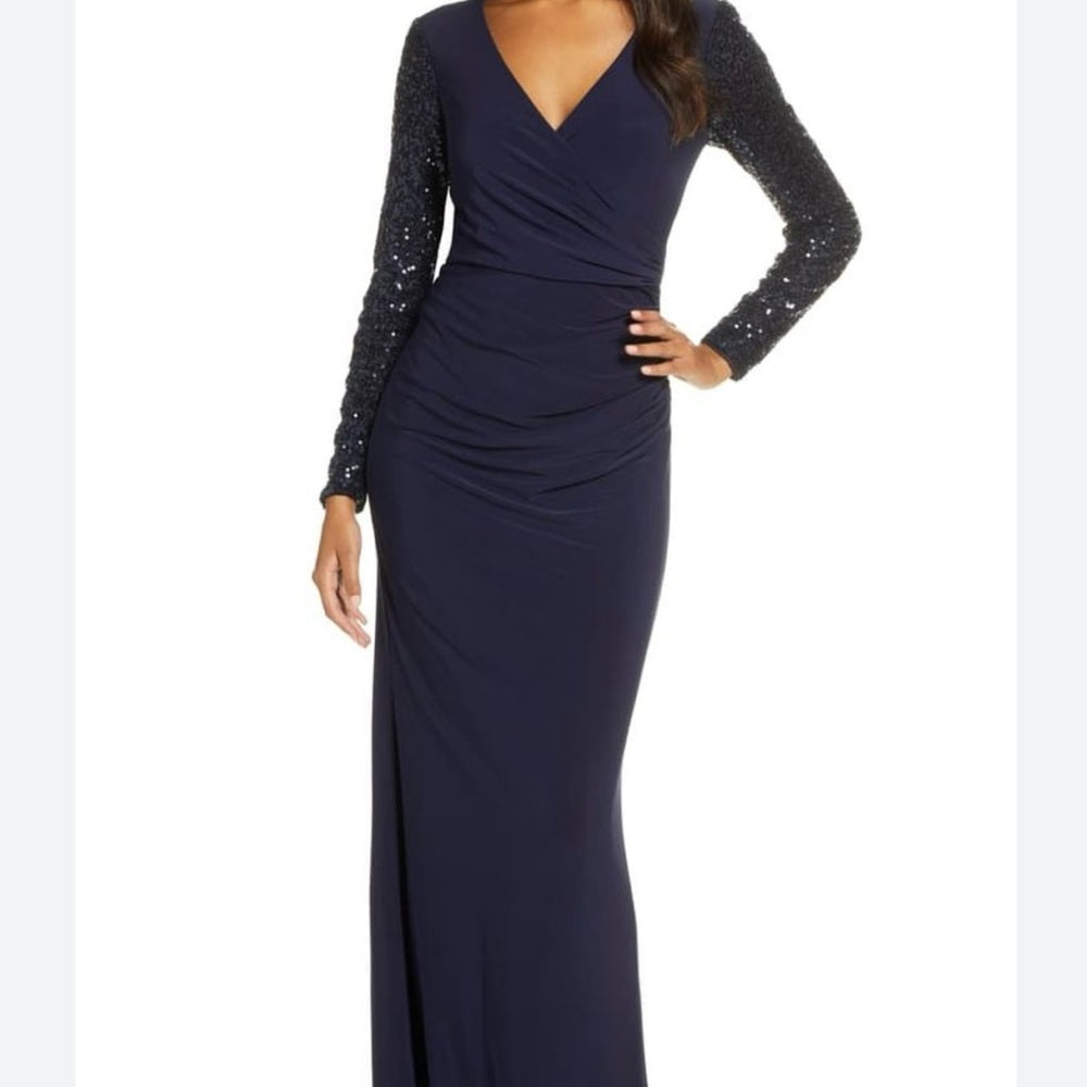 NWT SIZE 8 Eliza J Blue Ruched Wrap Long Sleeve Gown
