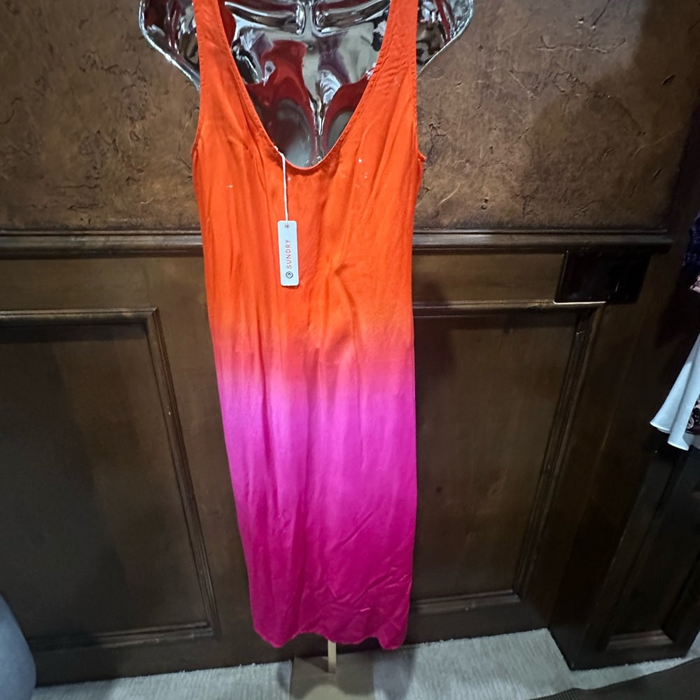 NWT SIZE XS Sundry Orange and Pink Slit Midi Dress V-Neck Sleeveless