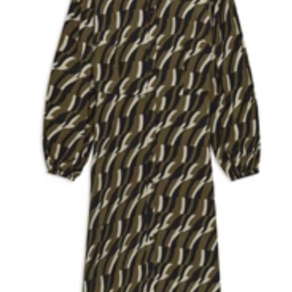 SIZE S Green and Brown Tiered Bishop Sleeve Sundress