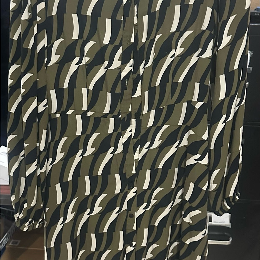 SIZE S Green and Brown Tiered Bishop Sleeve Sundress
