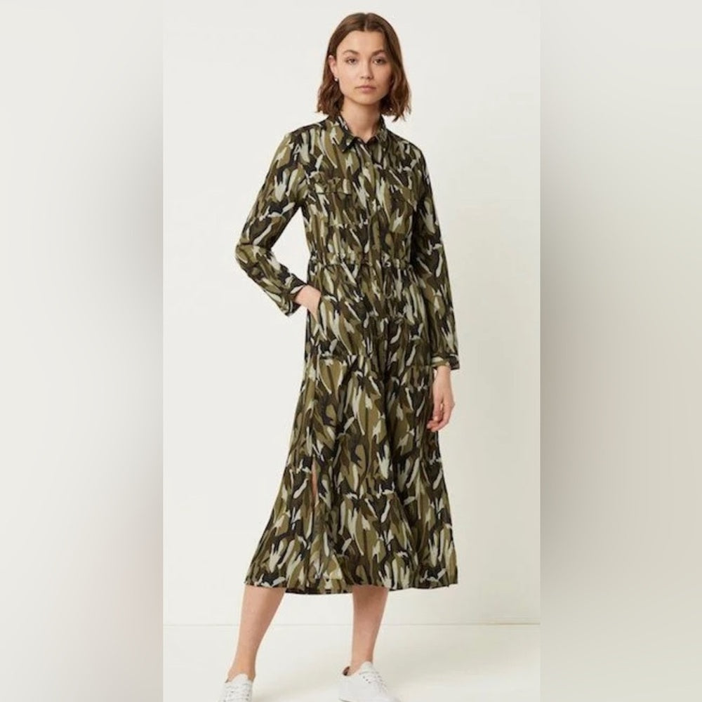 SIZE S Green and Brown Tiered Bishop Sleeve Sundress
